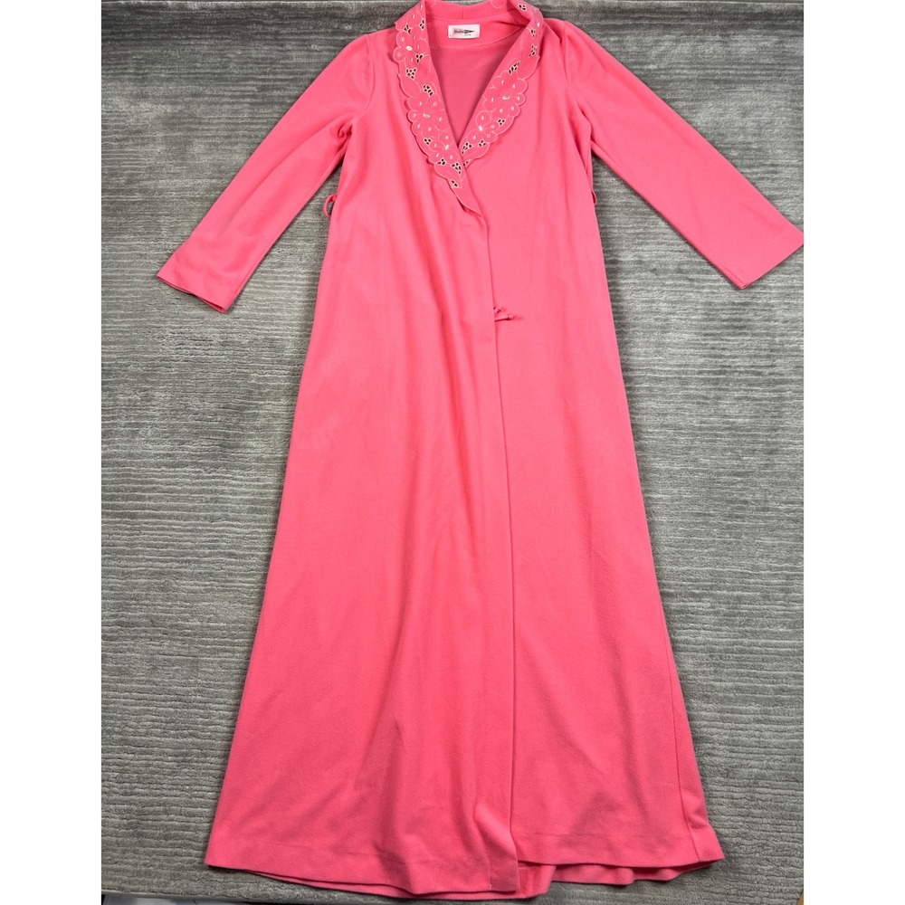 Shadowline Robe Womens Petite‎ Pink Vintage Long Fleece Embroidered Eyelet Wrap